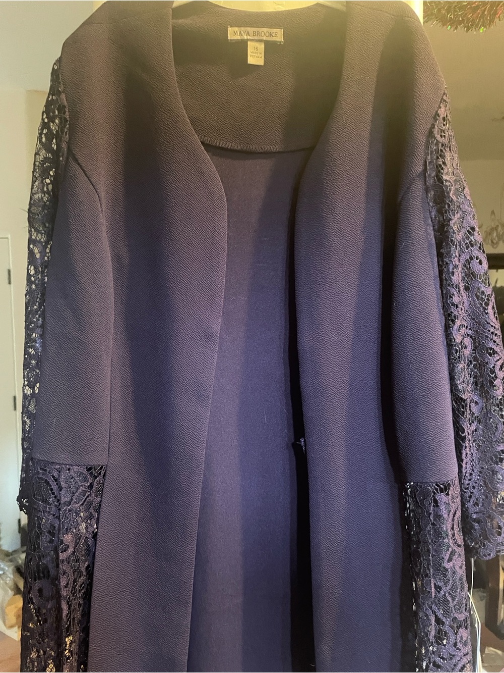 NWT Maya Brooke Eggplant Evening Jacket Duster with Floral Lace Sleeves, Sz 16